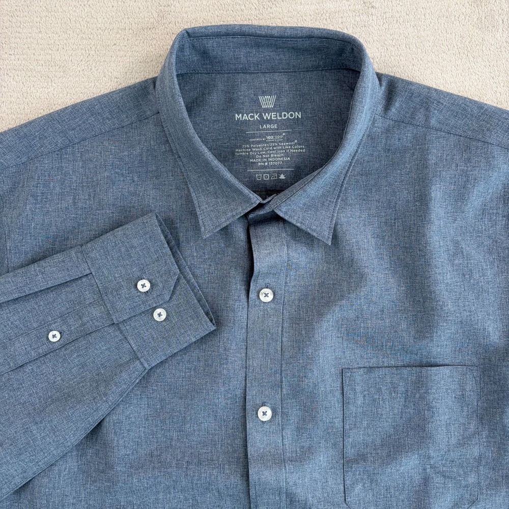 Mack Weldon Airflex Regular Fit Shirt Men Large Blue Performance Seawool NWOT